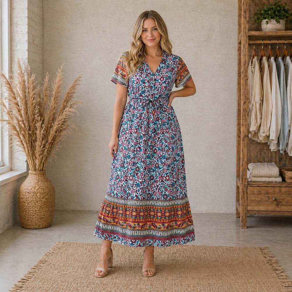 GRECERELLE Boho Floral Maxi Dress Small Blue Smocked Waist Cottagecore